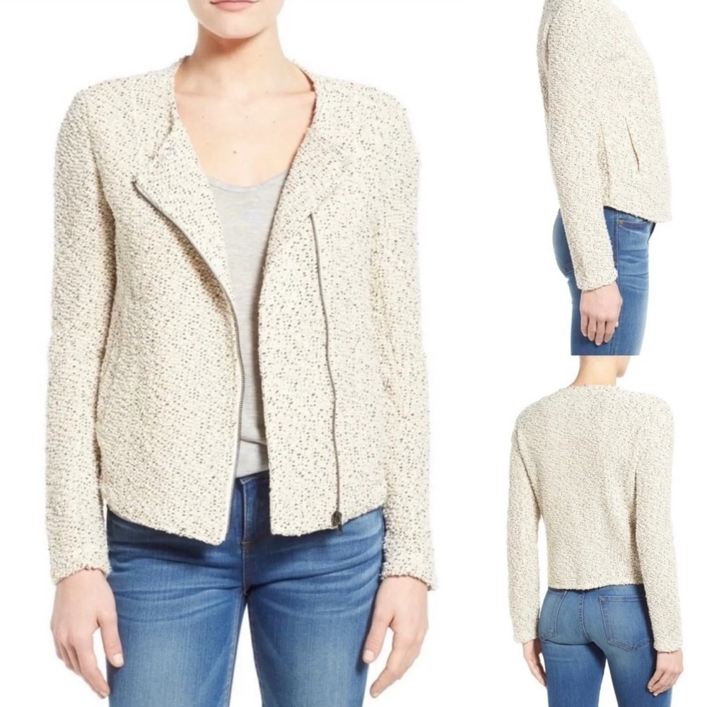 Kut from the Kloth White Marled Moto Zip Jacket  Large Slash Front Pockets NWT